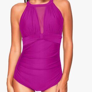 Women's Size 16W Tempt Me One Piece Swimsuit High Neck Plunge Ruched Tummy